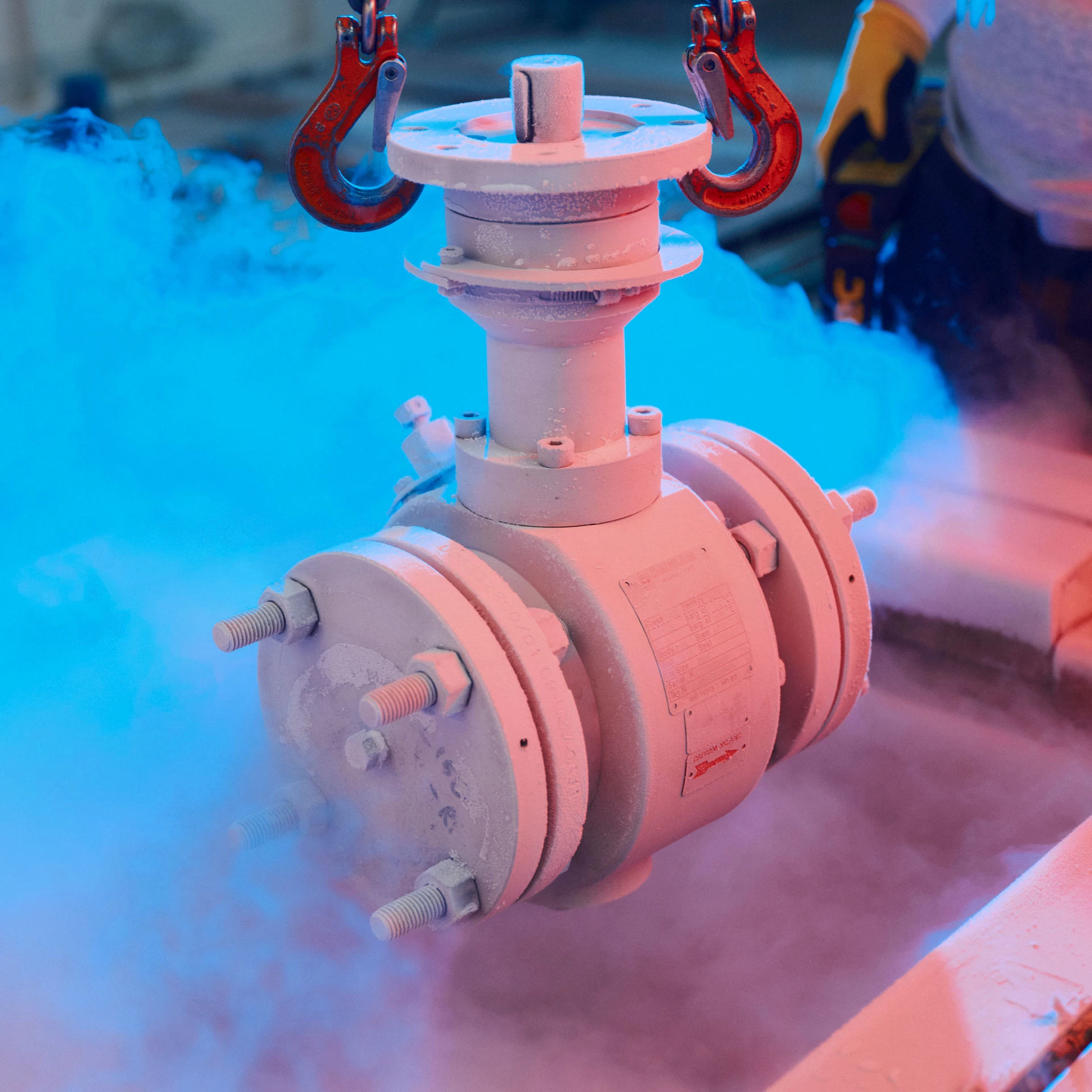 Ball valve undergoing cryogenic testing for industrial oil and gas applications
